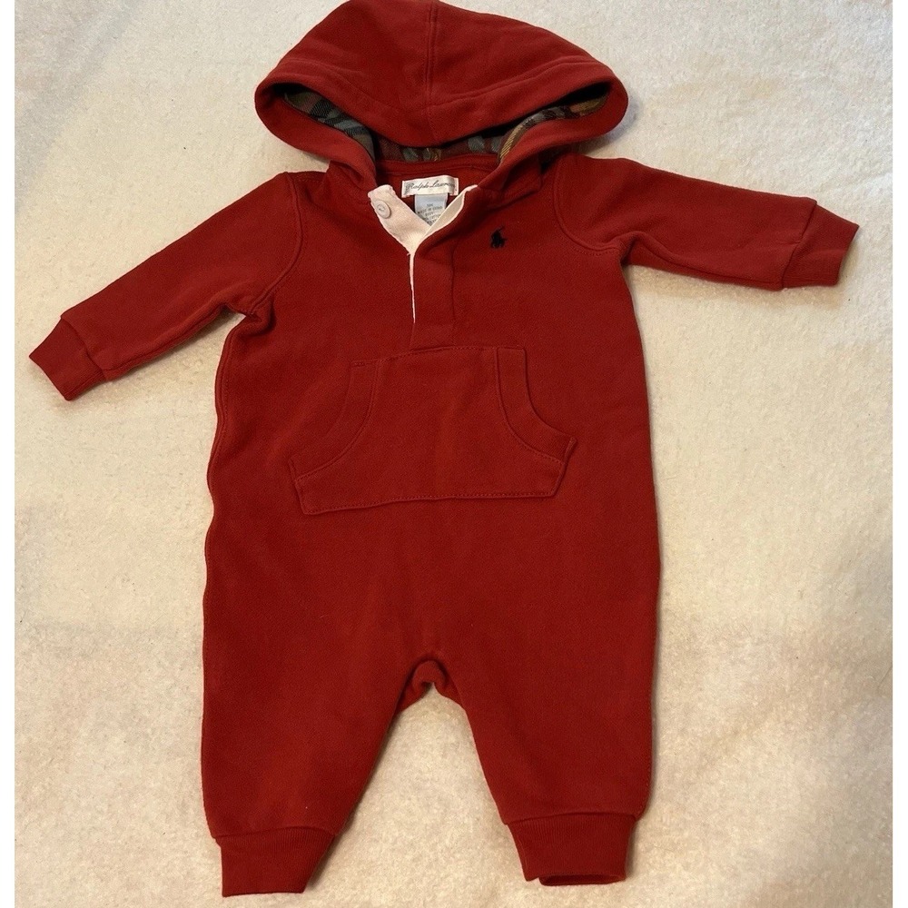 Red Polo Ralph Lauren Kids Baby Plaid Hooded Fleece One Piece Coverall Sz 3‎ Mos